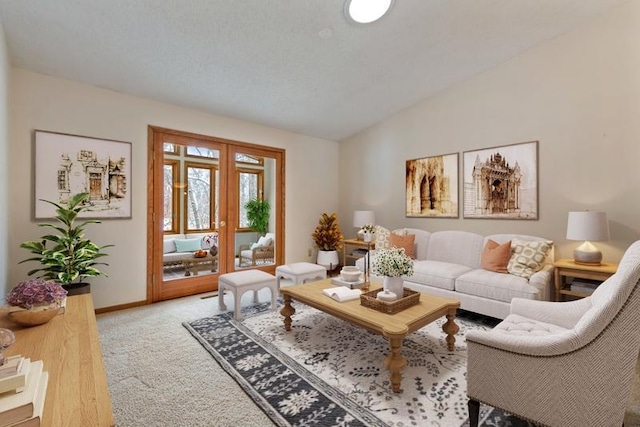 carpeted living room with vaulted ceiling