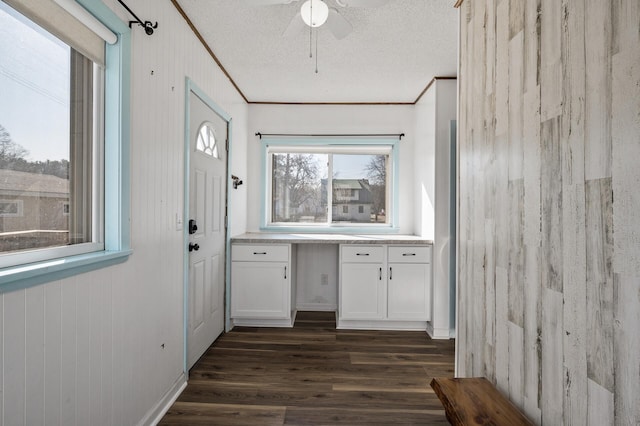 interior space featuring ceiling fan, a textured ceiling, ornamental molding, and dark wood finished floors