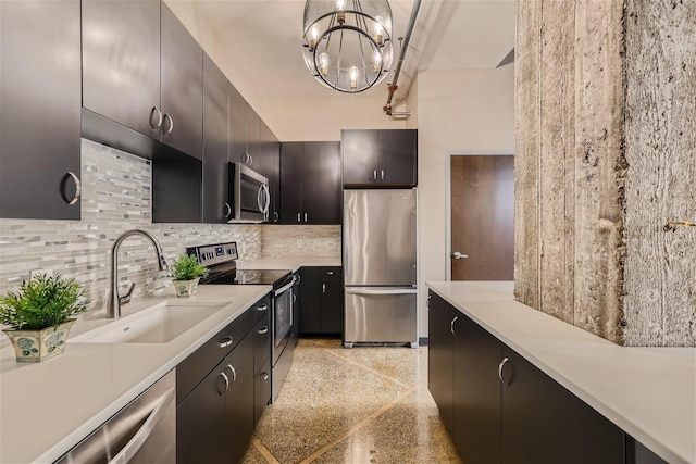 kitchen with decorative light fixtures, stainless steel appliances, an inviting chandelier, backsplash, and sink