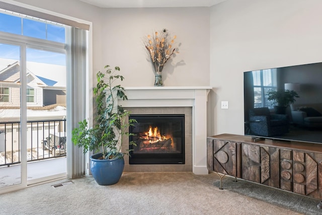 living area with carpet flooring and a fireplace