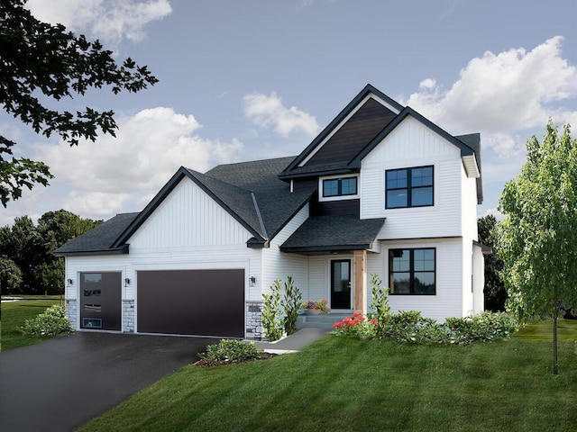 modern farmhouse style home featuring aphalt driveway, a garage, roof with shingles, board and batten siding, and a front yard