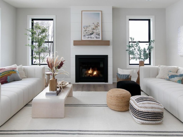 living area with a large fireplace and wood finished floors