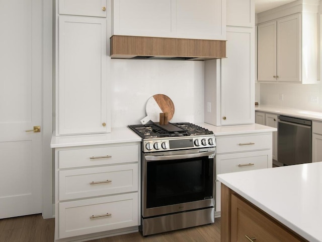 kitchen featuring custom range hood, appliances with stainless steel finishes, light countertops, and wood finished floors