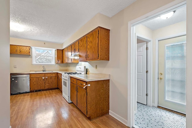 kitchen featuring under cabinet range hood, white range with gas stovetop, a sink, light countertops, and stainless steel dishwasher