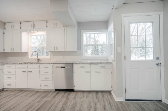 kitchen with plenty of natural light, sink, stainless steel dishwasher, and white cabinets