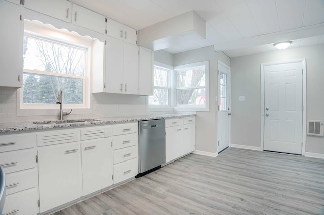 kitchen featuring white cabinetry, sink, decorative backsplash, stainless steel dishwasher, and light hardwood / wood-style floors