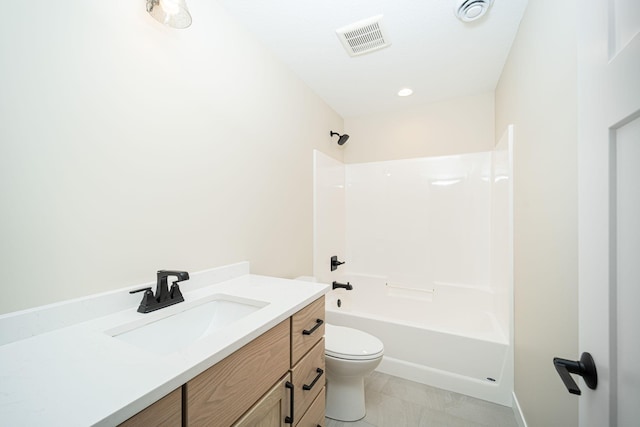 full bathroom featuring toilet, tile patterned flooring, shower / tub combination, and vanity