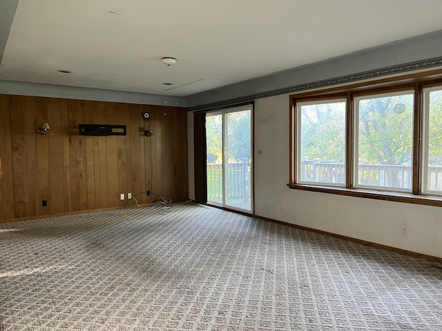 carpeted empty room featuring wood walls