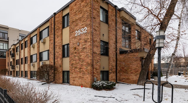 view of snow covered building