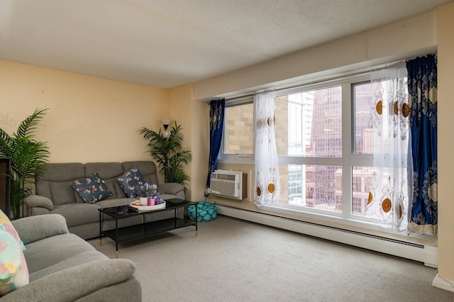 carpeted living room with a baseboard radiator and a textured ceiling