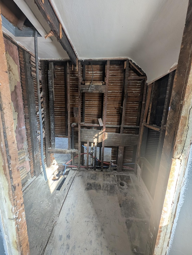 bathroom featuring lofted ceiling