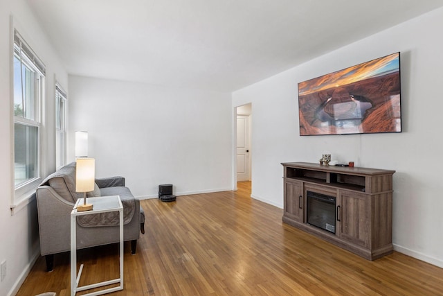 living area featuring hardwood / wood-style flooring and a healthy amount of sunlight