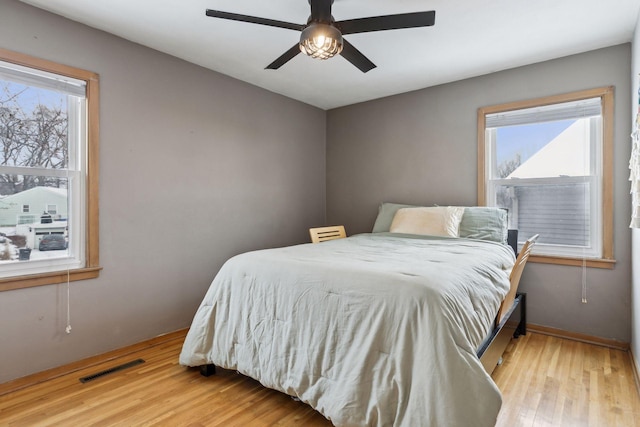 bedroom with ceiling fan and light wood-type flooring