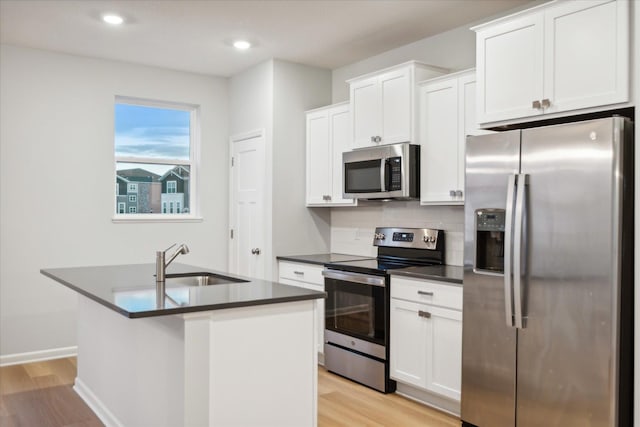 kitchen with white cabinets, stainless steel appliances, an island with sink, and sink