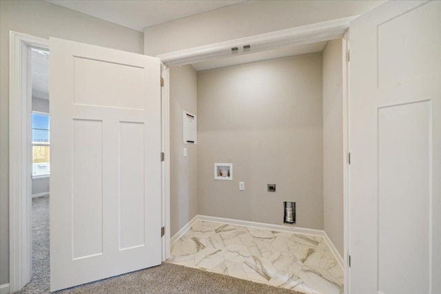 laundry area with hookup for a washing machine, electric dryer hookup, and carpet flooring