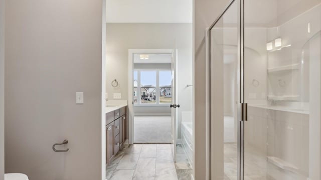 bathroom featuring vanity and a shower with shower door