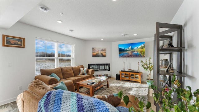 living room featuring a textured ceiling