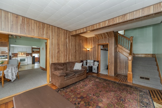 living room featuring carpet and wood walls