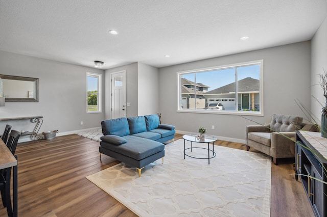 living room with hardwood / wood-style floors and a textured ceiling