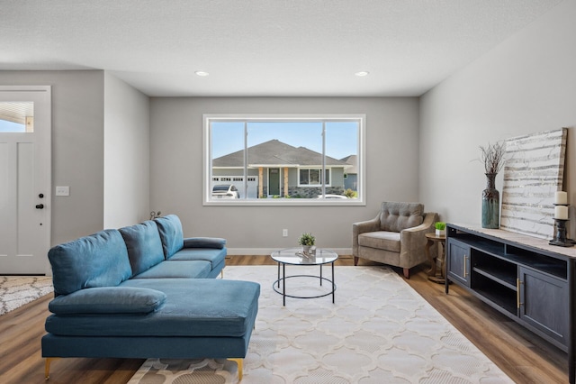 living room with a textured ceiling and light hardwood / wood-style floors