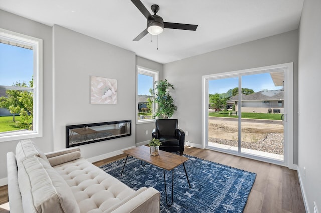 living room featuring hardwood / wood-style flooring and ceiling fan