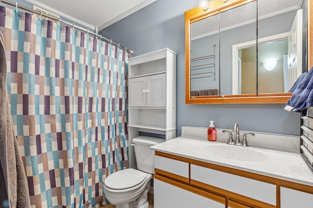 bathroom with toilet, walk in shower, vanity, ornamental molding, and a textured ceiling