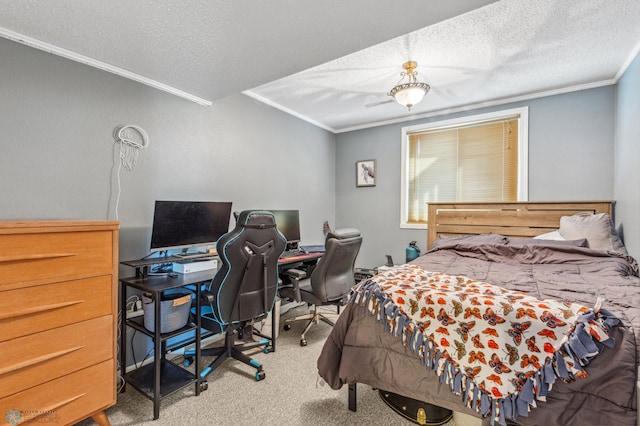 bedroom with a textured ceiling, light carpet, and crown molding