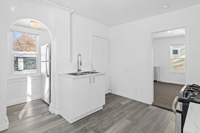 kitchen featuring appliances with stainless steel finishes, sink, radiator heating unit, and hardwood / wood-style floors