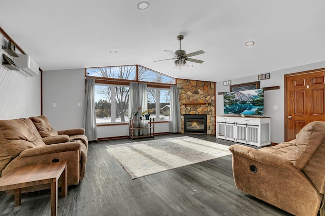 living room featuring a wall unit AC, ceiling fan, dark wood-type flooring, lofted ceiling, and a fireplace