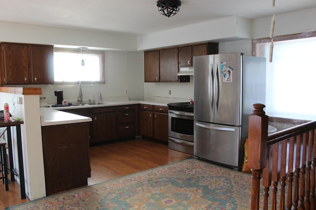 kitchen with light hardwood / wood-style flooring, appliances with stainless steel finishes, sink, and dark brown cabinetry