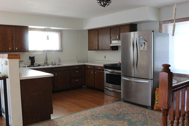 kitchen with sink, appliances with stainless steel finishes, light hardwood / wood-style flooring, and dark brown cabinets