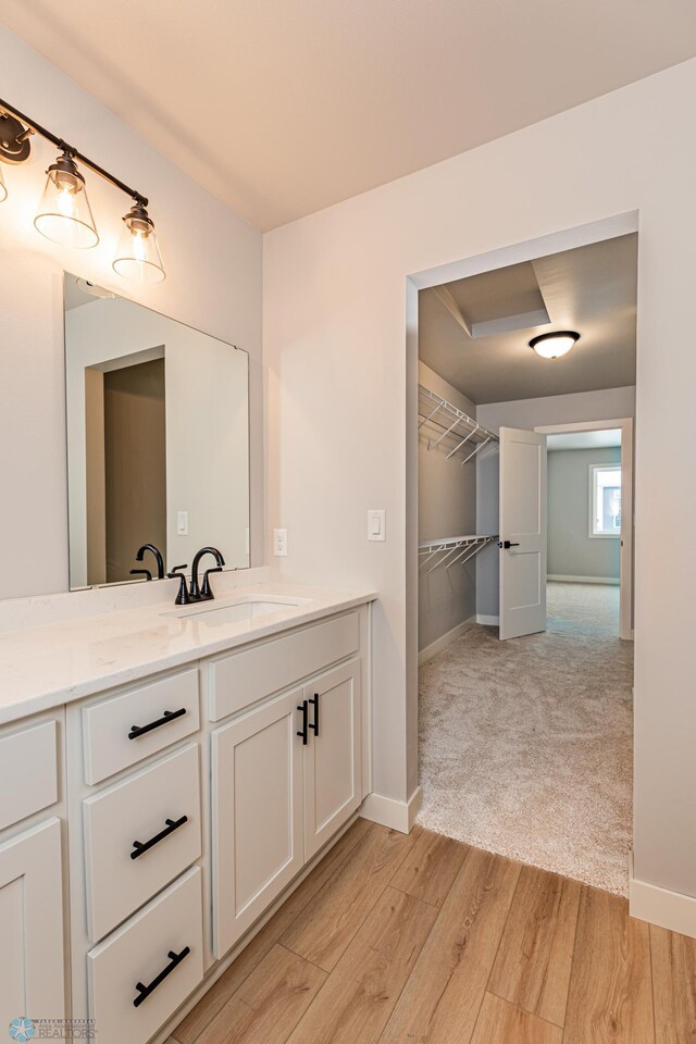 bathroom with wood-type flooring and vanity