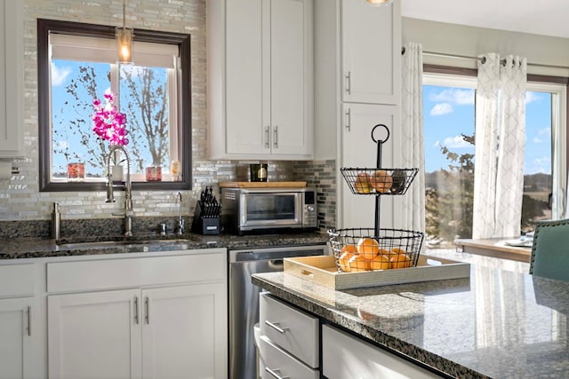 kitchen with stainless steel dishwasher, white cabinets, and sink