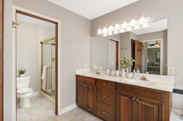 bathroom with toilet, a stall shower, ensuite bath, and a sink