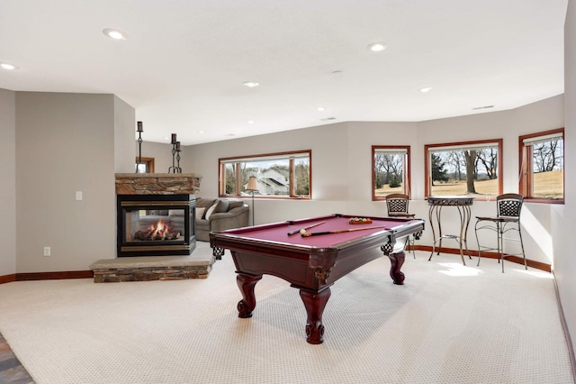 recreation room featuring recessed lighting, baseboards, and carpet flooring