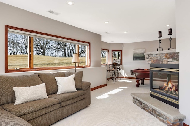 living area with billiards, visible vents, carpet floors, baseboards, and recessed lighting