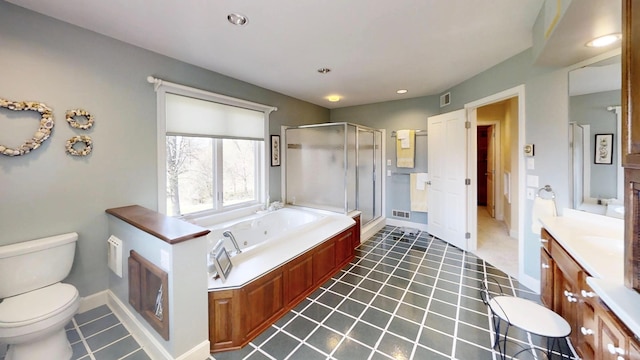 12326 Falk Trl, Northfield, MN 55057 - bathroom with a stall shower, vanity, a jetted tub, baseboards, and toilet