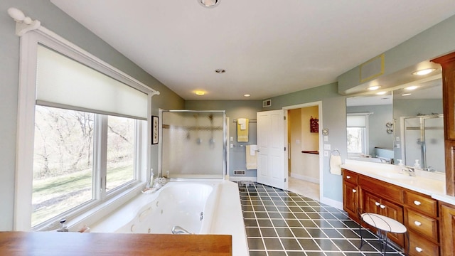 12326 Falk Trl, Northfield, MN 55057 - bathroom with a shower stall, vanity, a whirlpool tub, and recessed lighting