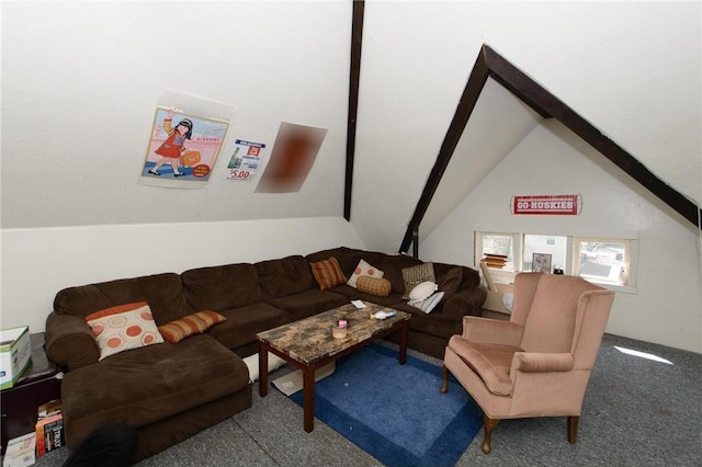 carpeted living room with lofted ceiling with beams