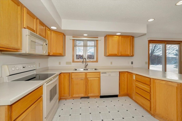 kitchen with white appliances, a healthy amount of sunlight, a textured ceiling, and sink