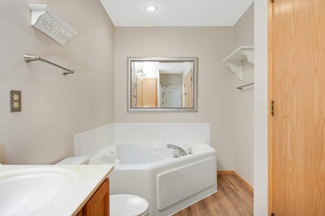 bathroom featuring toilet, a bathing tub, wood-type flooring, and vanity