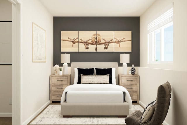 bedroom with baseboards and an inviting chandelier