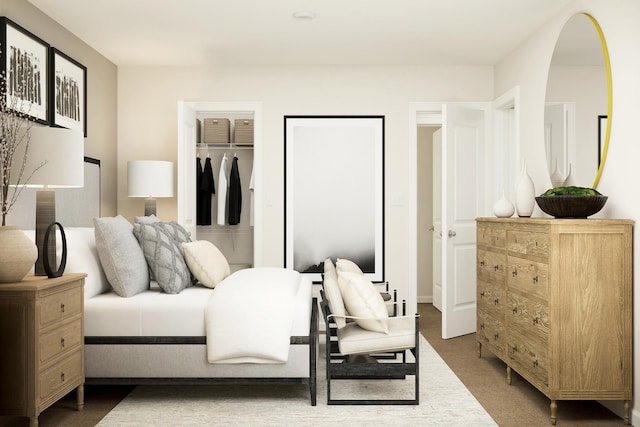 bedroom with arched walkways and carpet