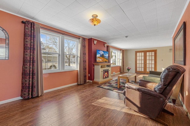 living room featuring french doors, crown molding, and hardwood / wood-style flooring