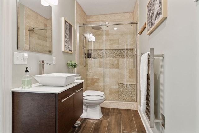 bathroom featuring toilet, an enclosed shower, and vanity