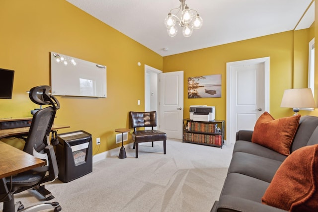 office space with light colored carpet and a notable chandelier