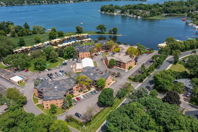 drone / aerial view featuring a water view