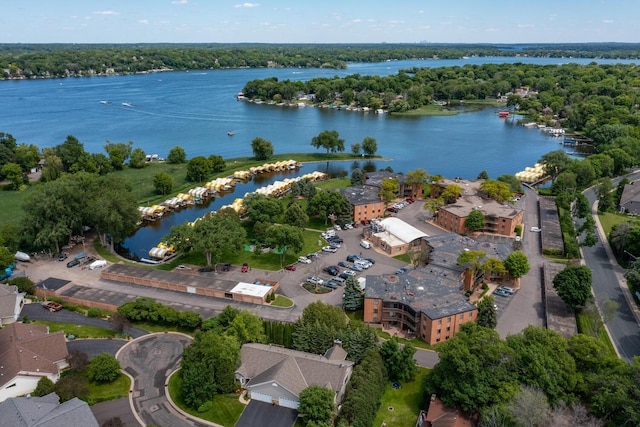 drone / aerial view with a water view