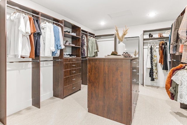 walk in closet with light colored carpet