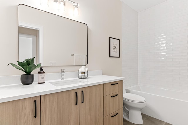 full bathroom featuring tile patterned flooring,  shower combination, vanity, and toilet